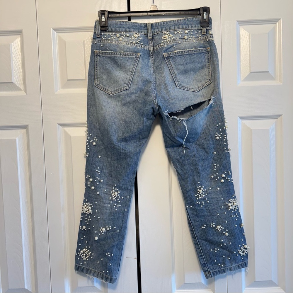 One dress One love Distressed Blue Jeans with Pearl Accents, Size 26-27 - Picture 3 of 9